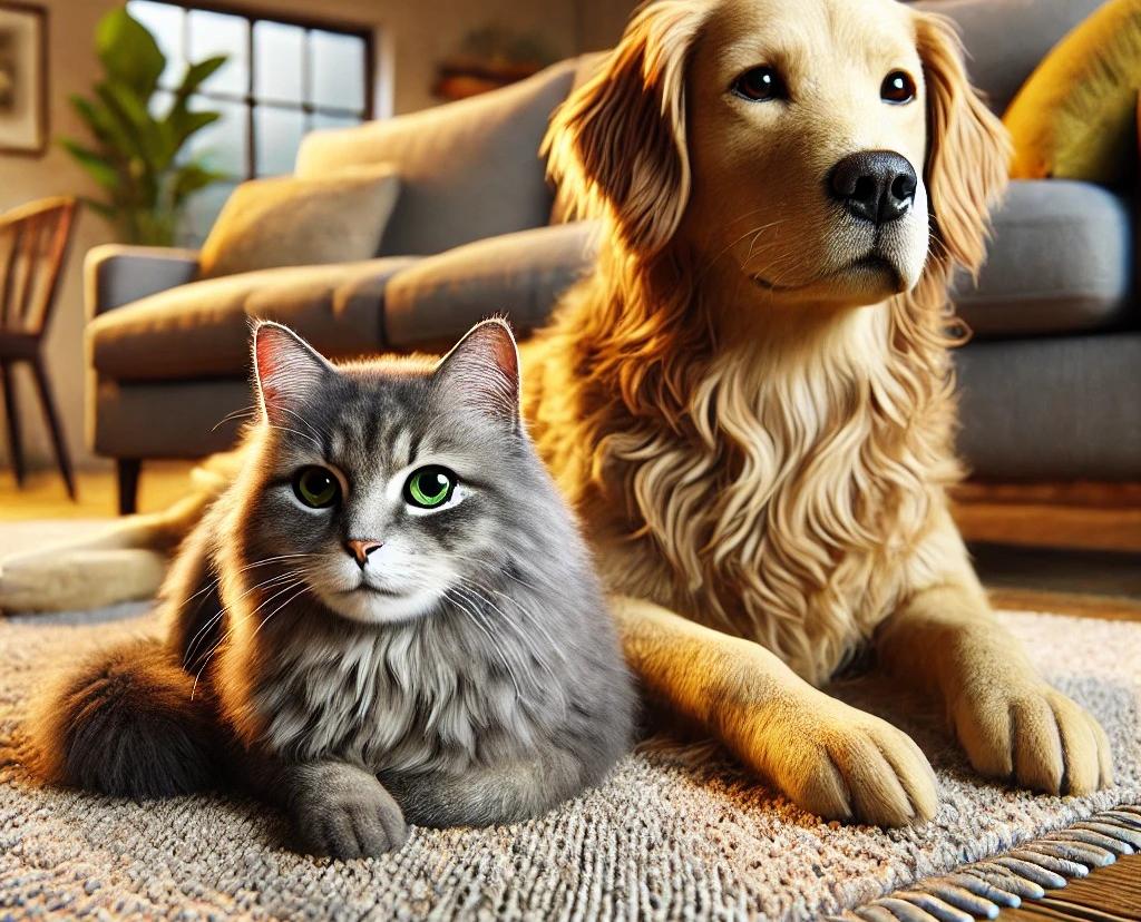 A cat and a dog resting on a rug